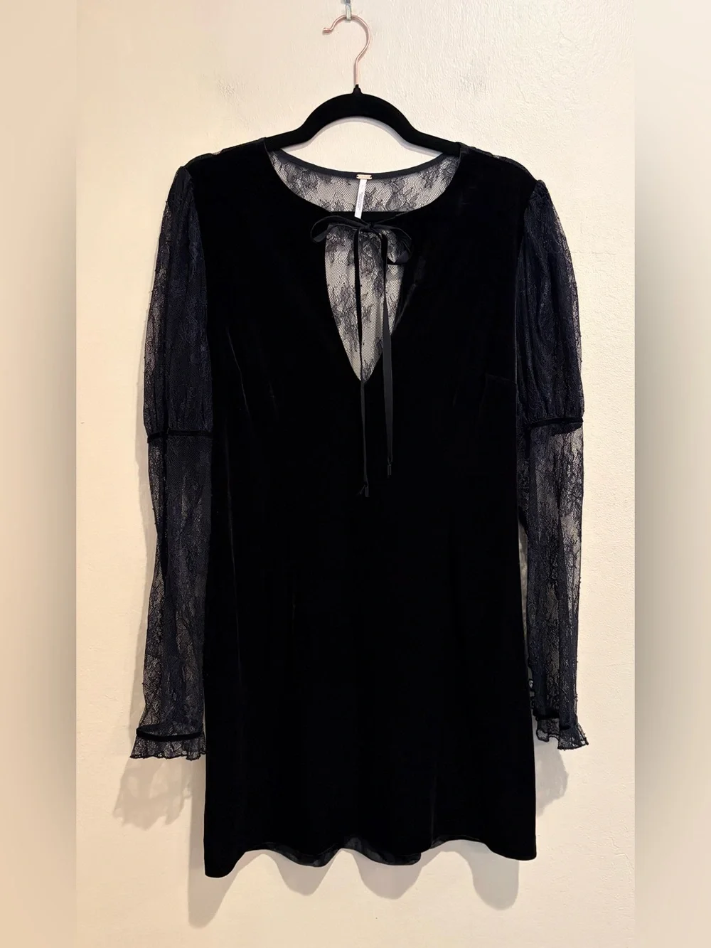 Wickedly Gorgeous Free People Black Crushed Velvet Dress w/ Sheer Long Sleeves